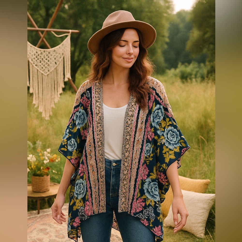 Angie Kimono dark‎ floral Cardigan Open Front Lightweight Festival Layer Medium